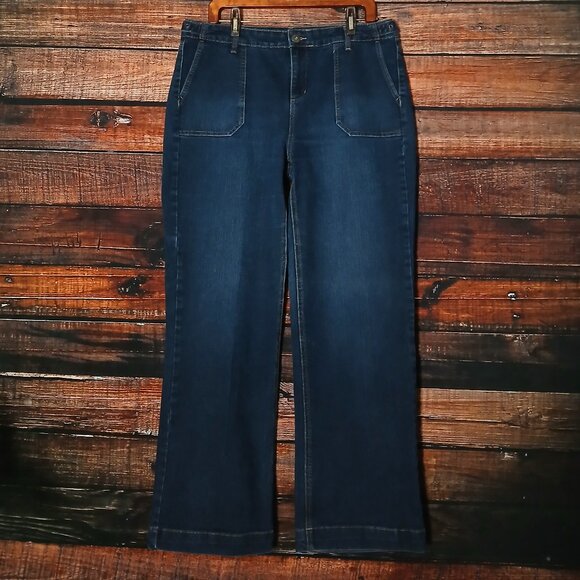 Style & CO Trouser Jeans Size 16 Side Buckle Wide Leg Dark Wash Denim Stretch - Picture 2 of 10